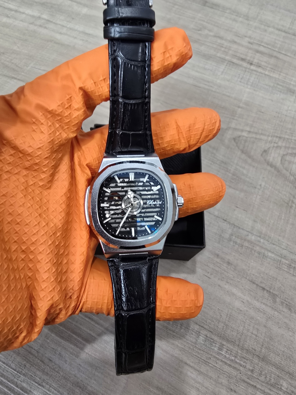 Black Leather Strap Mechanical Wrist Watch - Unbranded